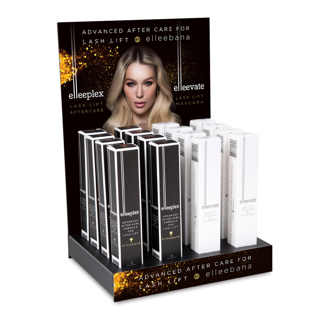 Elleevate and Elleeplex aftercare display stand, filled and ready for the retail counter